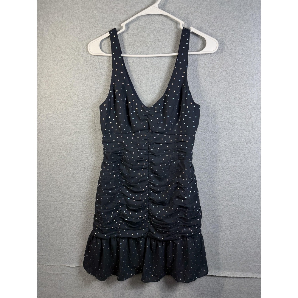 BCBGeneration Dress Womens 4 Black Polka Dot Ruched Ruffle Hem Bodycon Mini